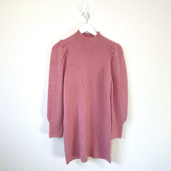 WAYF Pink Lola Dusty Puff Sleeve Mock Neck Sweater Night Out Dress - Picture 2 of 6